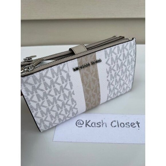 Michael Kors double zip wristlet MK signature stripe jet set Light Sand Multi - Picture 1 of 8